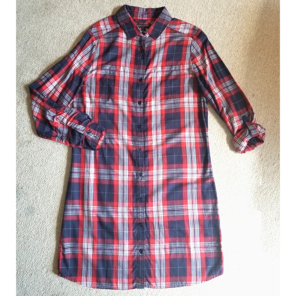 Womens Dress-BANANA REPUBLIC-white/red/blue rayon plaid button shirt Preppy-8 - Picture 1 of 5